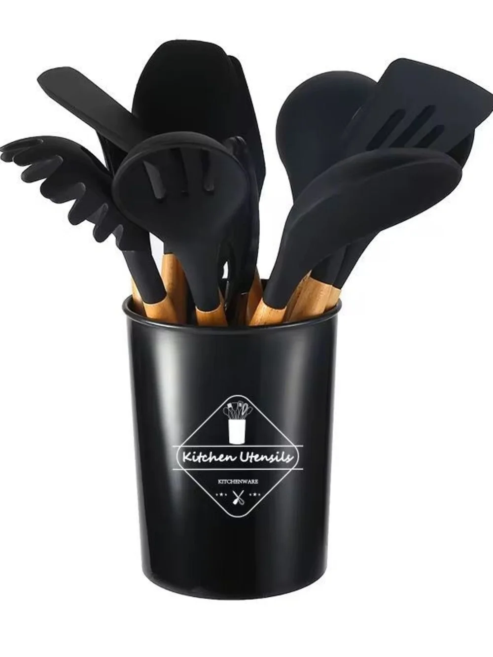 12 Piece Kitchen Utensil Set with Black Silicone Heads and Wooden Handles by